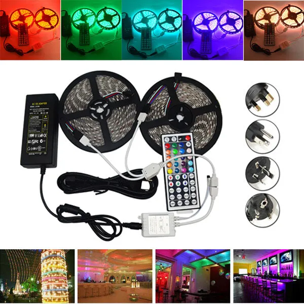 10M SMD 5050 Waterproof RGB 600 LED Strip Light   IR Controller   Cable Connector   Adapter DC12V