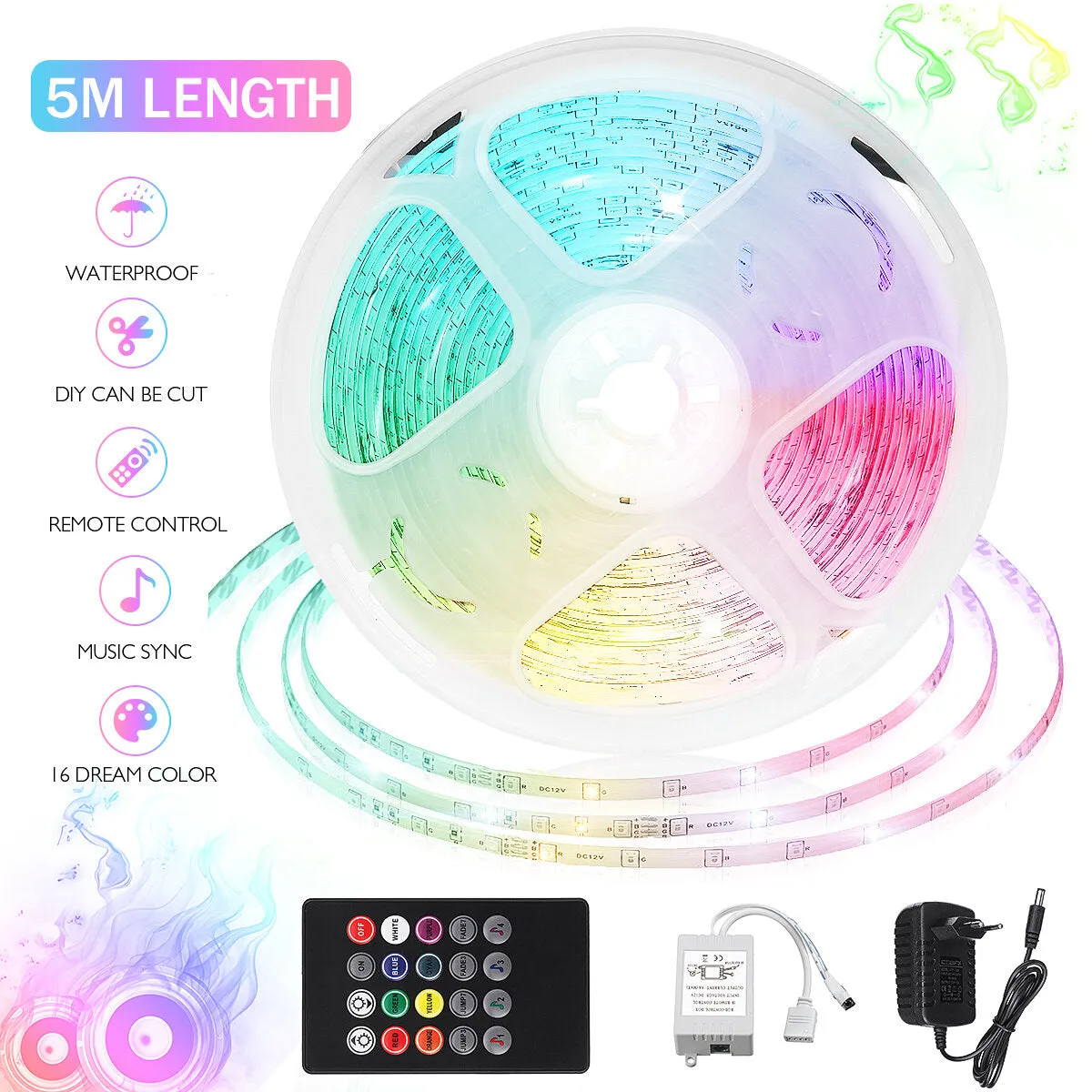 16FT 5M 2835 RGB 300LED Light Strip Waterproof/Non-waterproof Music Lamp with 20Keys Remote Control   Power Adapter