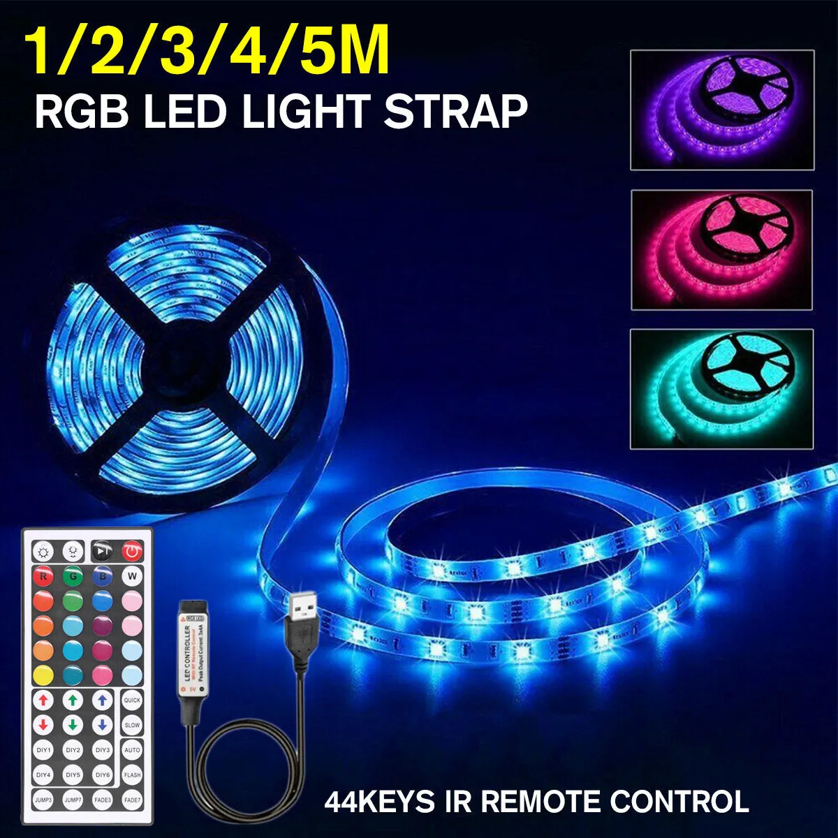 1M/2M/3M/4M/5M 5050 RGB LED Strip Light USB Power Color Changing Tape Cabinet Lamp 44Keys Remote Control