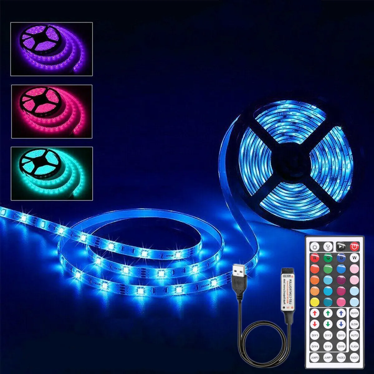 1M/2M/3M/4M/5M 5050 RGB LED Strip Light USB Power Color Changing Tape Cabinet Lamp 44Keys Remote Control