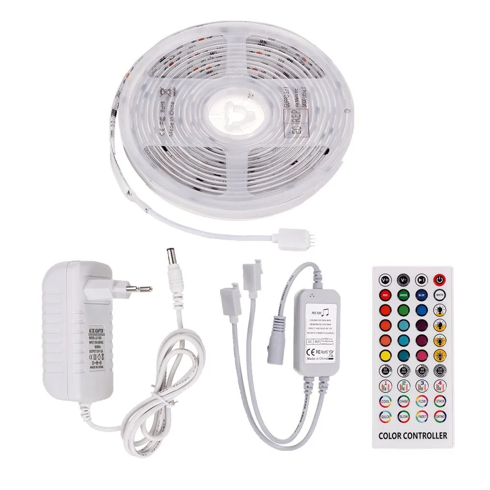 5M 10M Timer Music Control 5050 RGB Waterproof LED Strip Light   40-Key RF Remote   EU Power Adapter DC12V