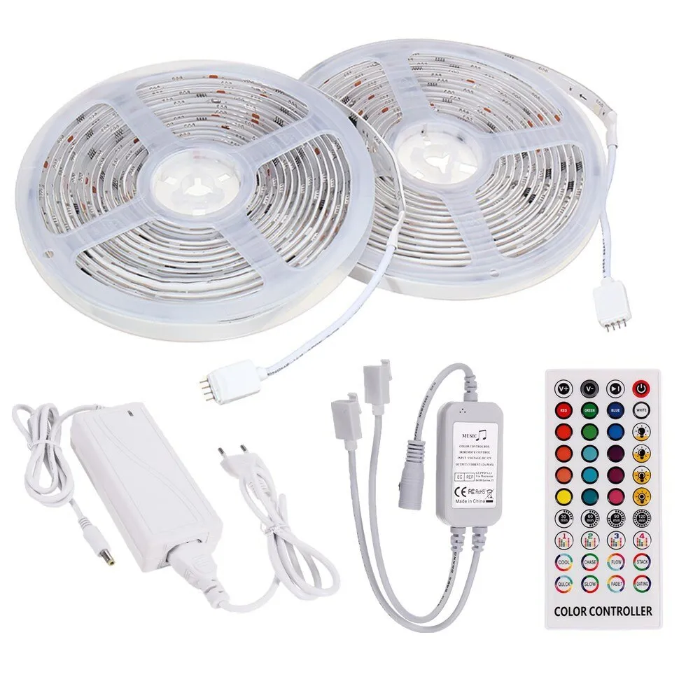 5M 10M Timer Music Control 5050 RGB Waterproof LED Strip Light   40-Key RF Remote   EU Power Adapter DC12V