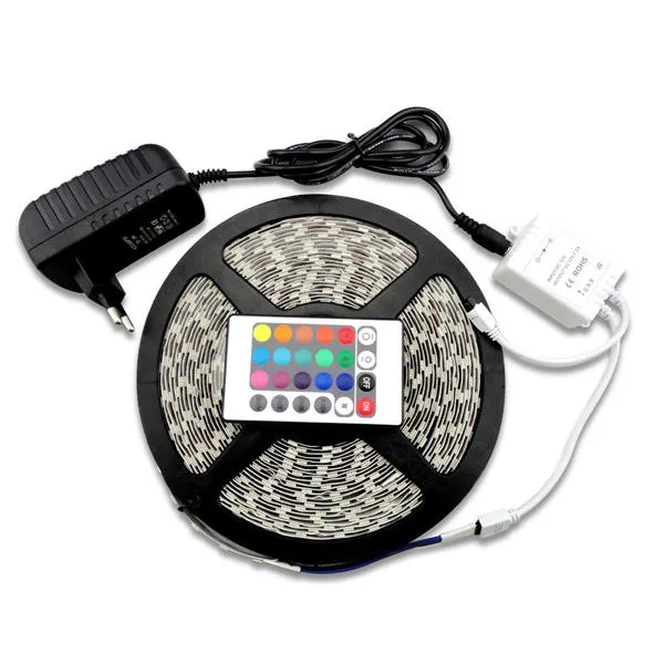 5M Waterproof RGB LED Strip Light SMD 3528, 300 LEDs, 24-Key IR Remote, Power Adapter DC12V