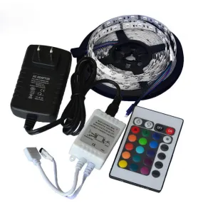 5M Waterproof RGB LED Strip Light SMD 3528, 300 LEDs, 24-Key IR Remote, Power Adapter DC12V