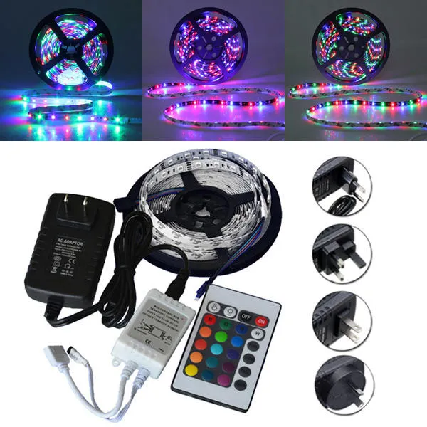 5M Waterproof RGB LED Strip Light SMD 3528, 300 LEDs, 24-Key IR Remote, Power Adapter DC12V