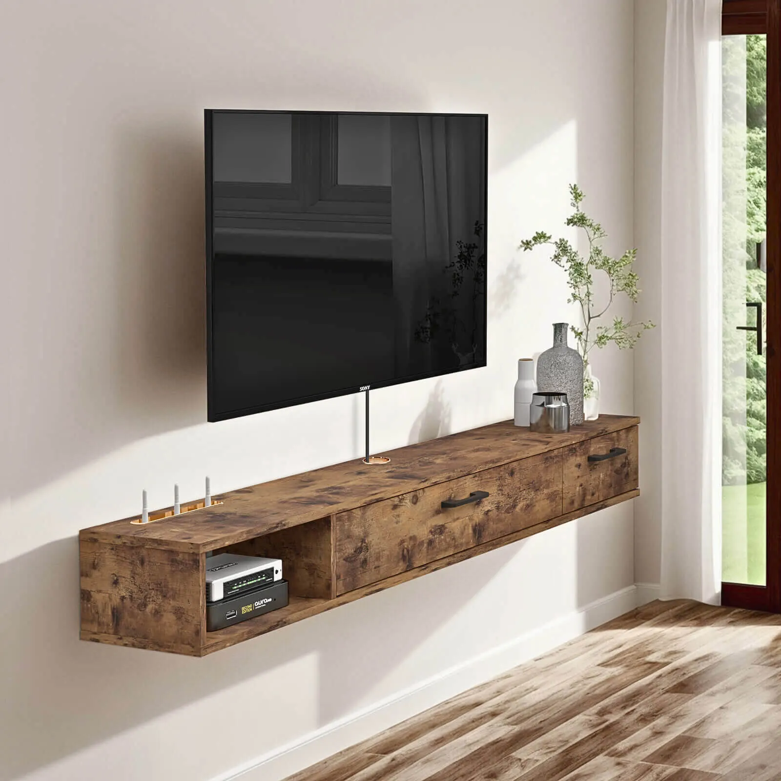 67" Rustica Floating TV Stand, Dark Brown