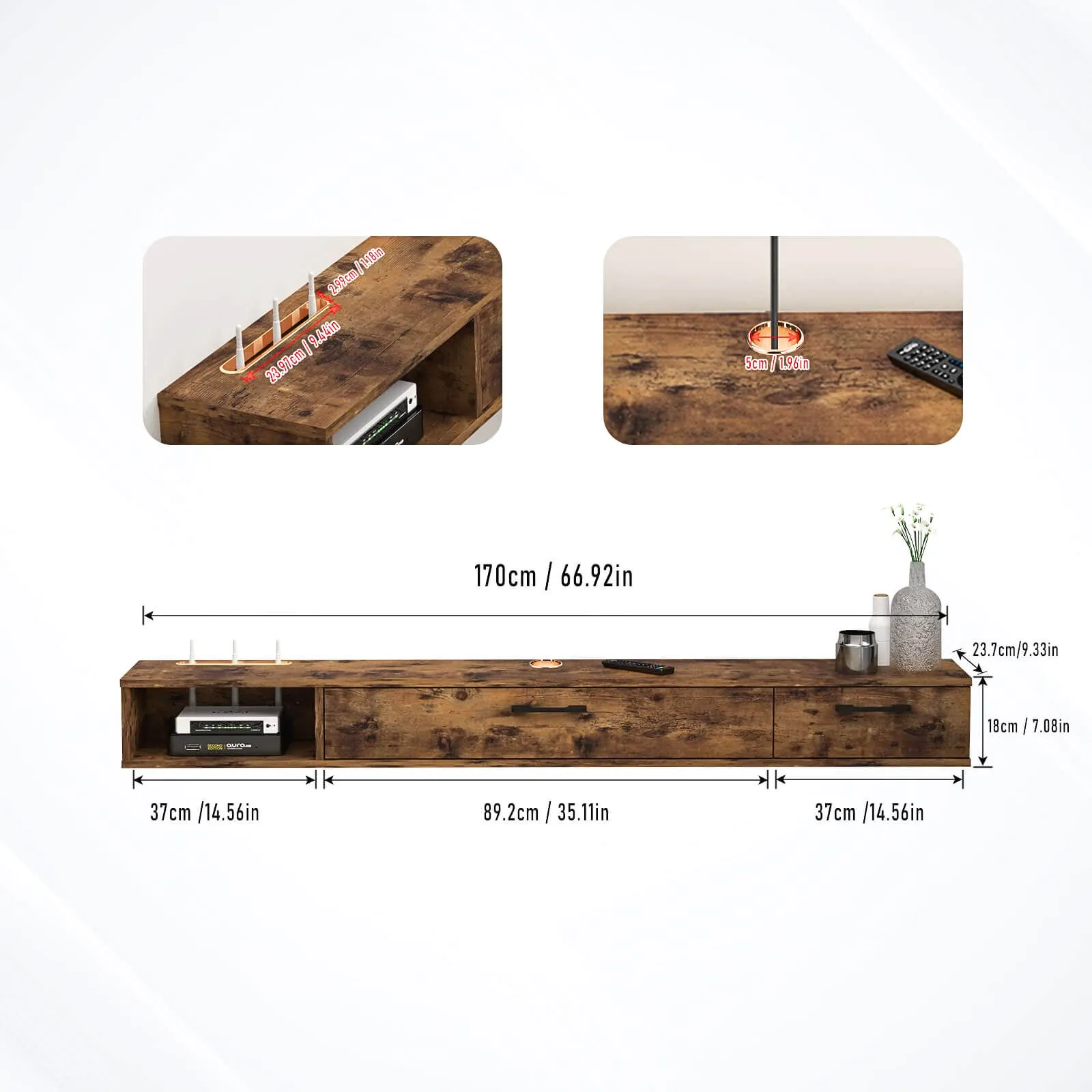 67" Rustica Floating TV Stand, Dark Brown
