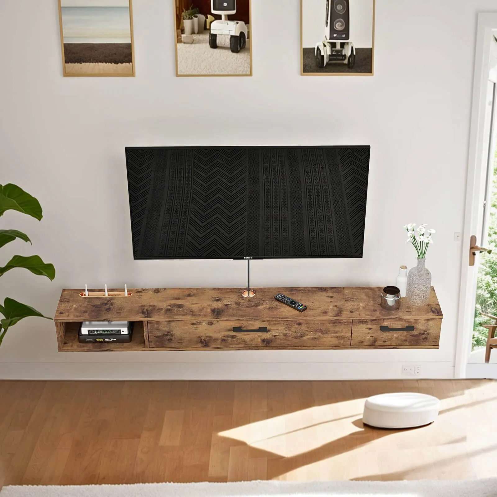 67" Rustica Floating TV Stand, Dark Brown