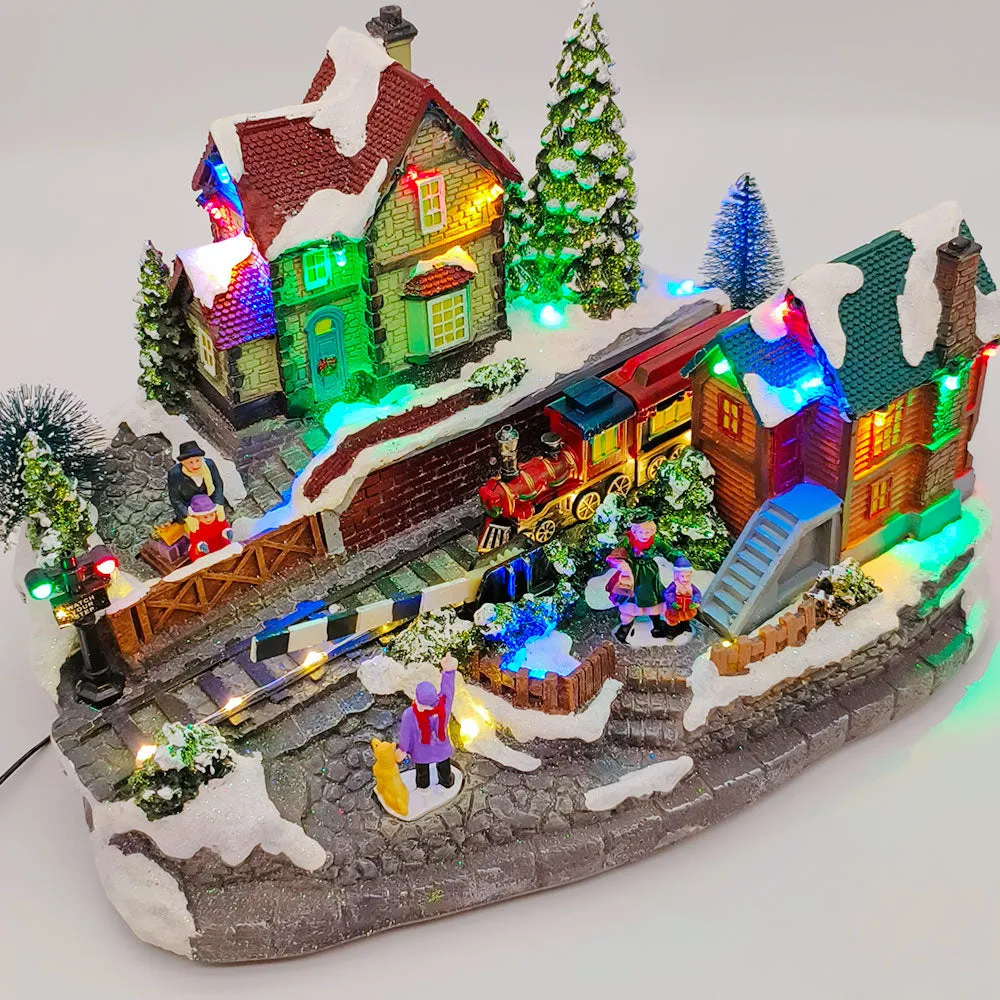 Animated Christmas Village with Train Station Musical Light-up Snowy Scene