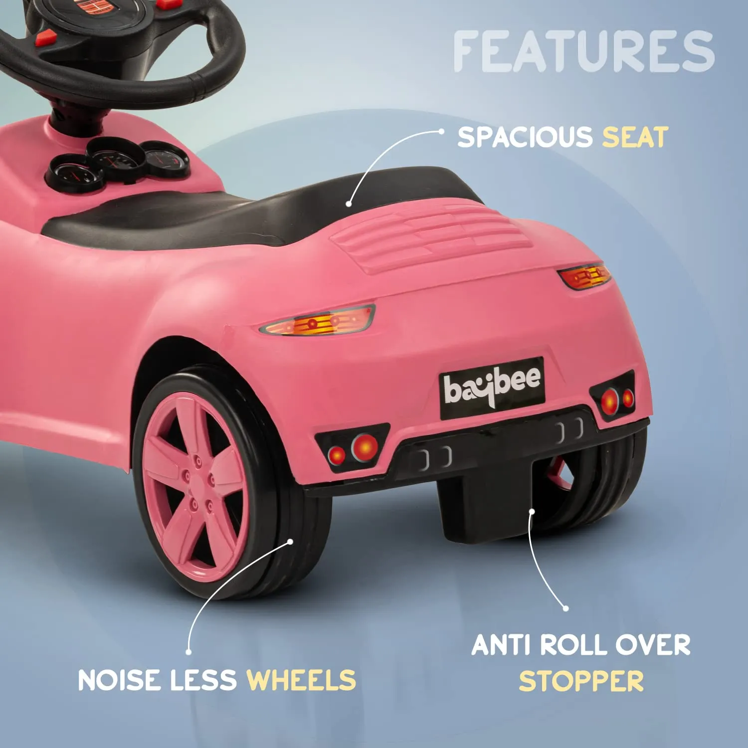 Baybee Bolt Push Ride on Car for Kids, Baby Rideons Car with Music, Light & Comfort Seat | Push Baby Cars Toys for Kids Toddlers | Kids Car Ride on for Kids to Drive 1 to 3 Years Boys Girls (Pink)