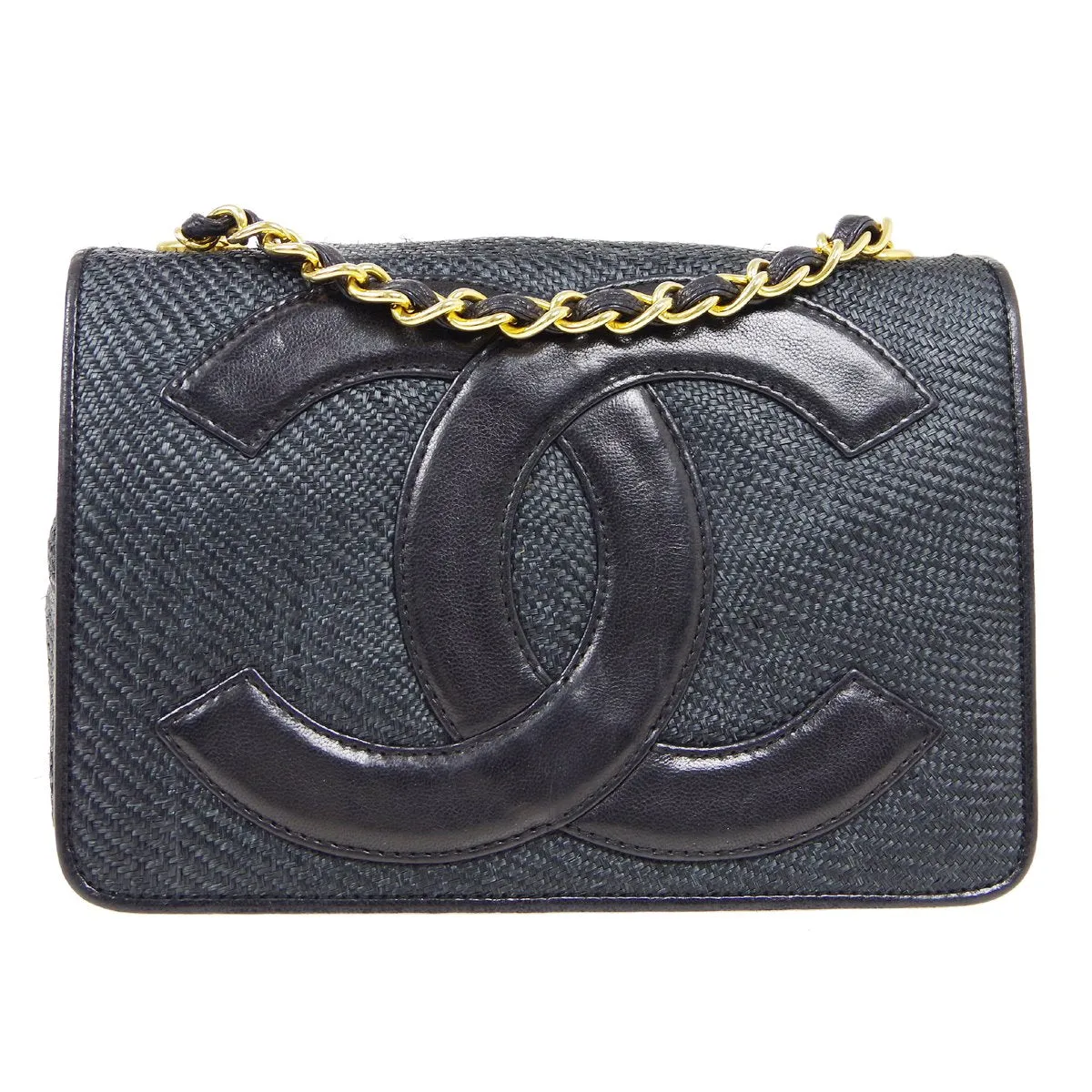 CHANEL 1986-1988 CC Stitch Full Flap Mini Black Straw ao34348