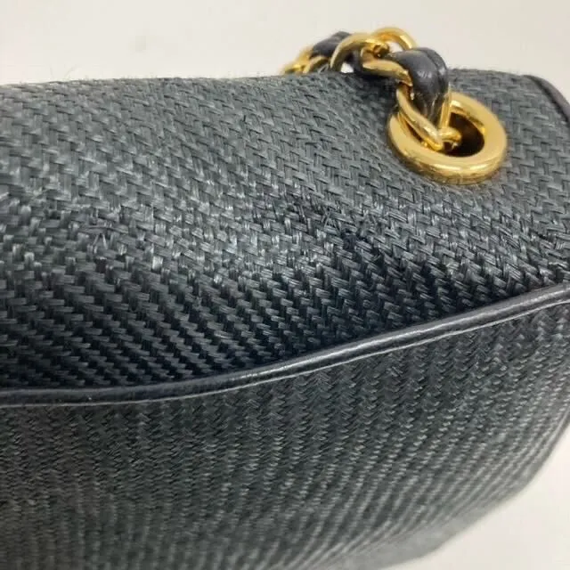 CHANEL 1986-1988 CC Stitch Full Flap Mini Black Straw ao34348