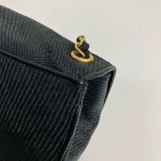 CHANEL 1986-1988 CC Stitch Full Flap Mini Black Straw ao34348