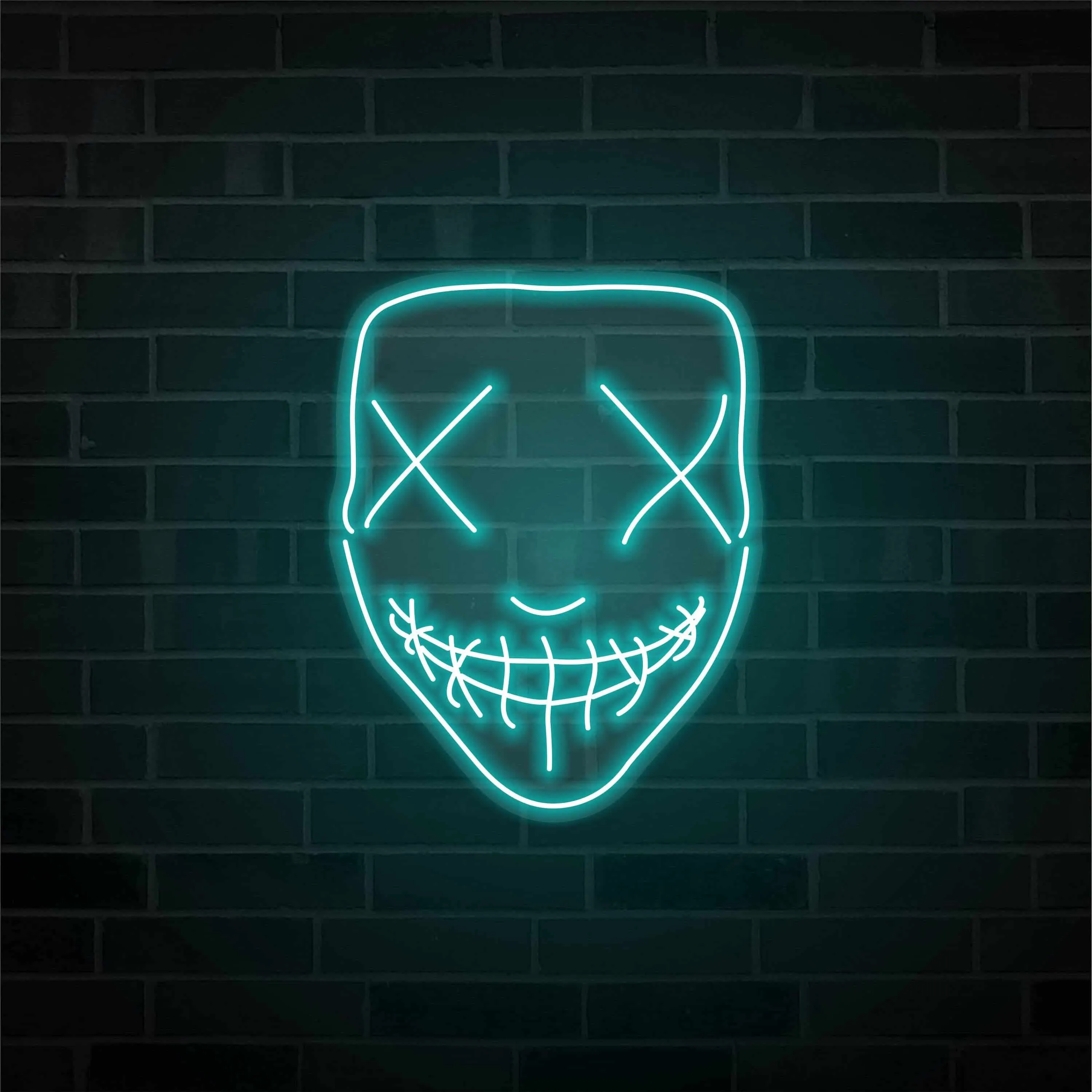 Chilling Grinning Mask Neon Sign - Eerie Teal Glow, Horror-Themed LED Light for Halloween Decor, Bars, Haunted Houses, and Unique Home Accents