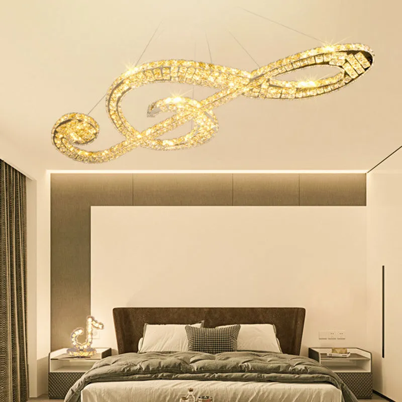 Crystal Music Note Hanging Light - Stainless-Steel LED Pendant Chandelier for Bedroom