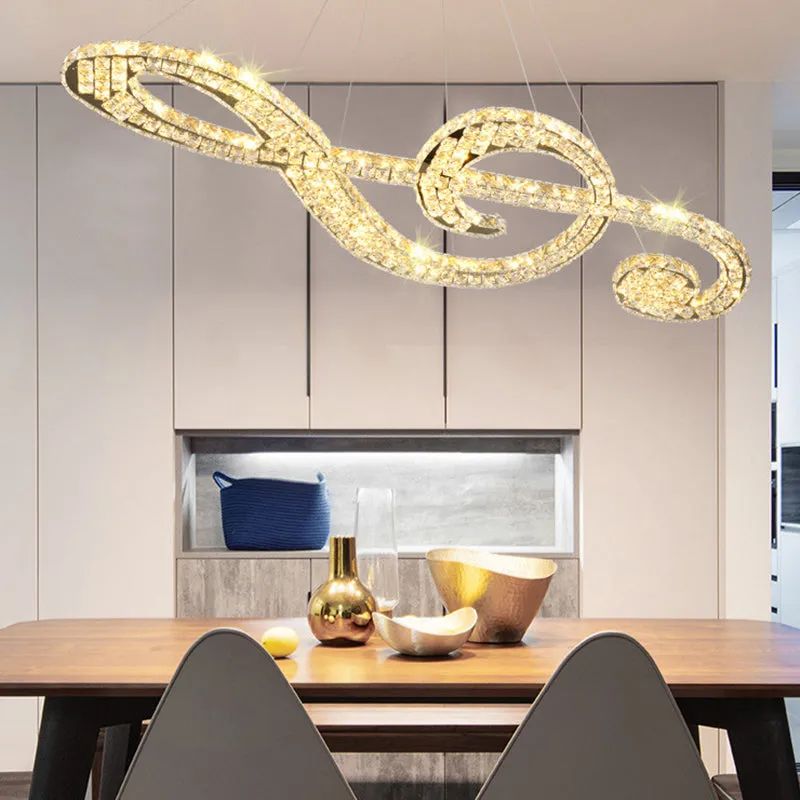 Crystal Music Note Hanging Light - Stainless-Steel LED Pendant Chandelier for Bedroom