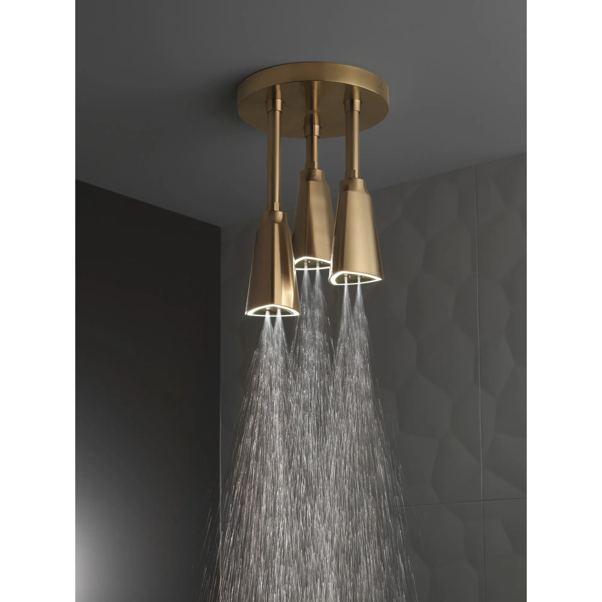 Delta Champagne Bronze Finish 2.5 GPM H2Okinetic Pendant Triple Ceiling Mount Raincan Shower Head with Water-Powered LED Light D57140CZ25L