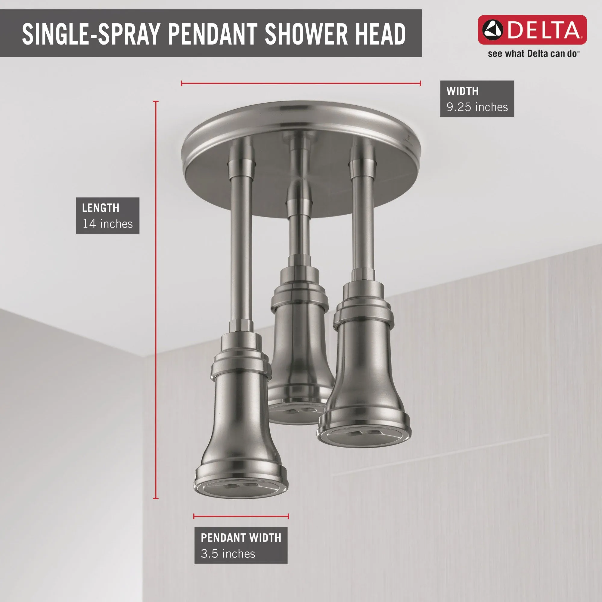 Delta Stainless Steel Finish 2.5 GPM H2Okinetic Pendant Triple Ceiling Mount Raincan Shower Head with Water-Powered LED Light D57190SS25L