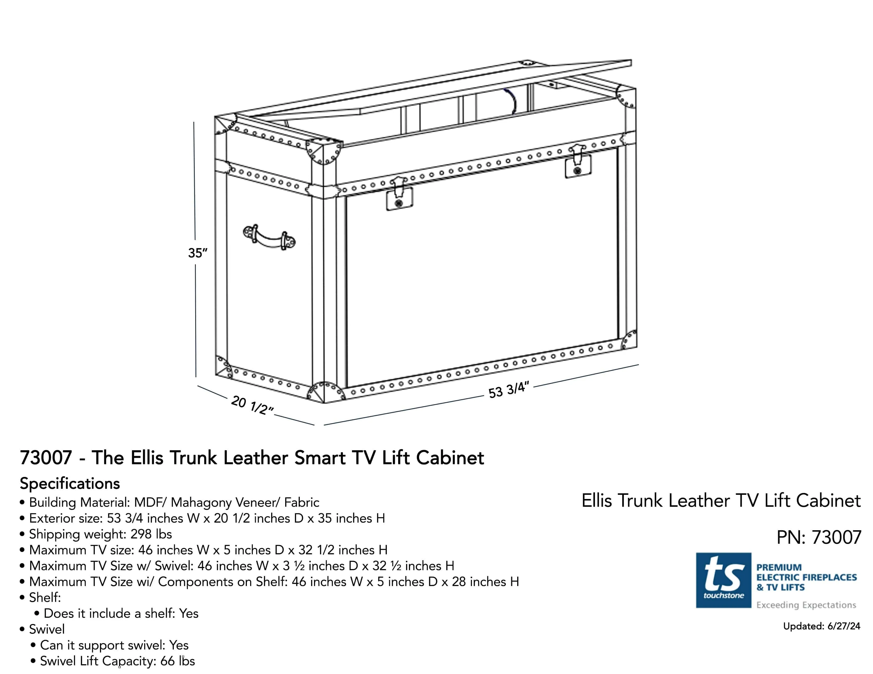 Ellis Trunk 73007 Leather Smart TV Lift Cabinet for 50 Inch Flat screen TVs