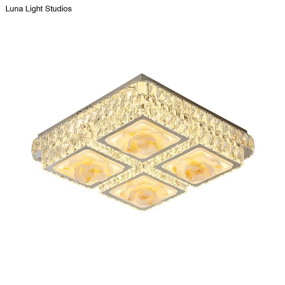 Here are a few options: 

1. "Minimalist LED Crystal Ceiling Light with Jade Lotus Design" 
2. "Chrome Flush Mount with Crystal Blocks & LED Square Lights" 
3. "Contemporary Crystal Flush Light with Jade Lotus Detail