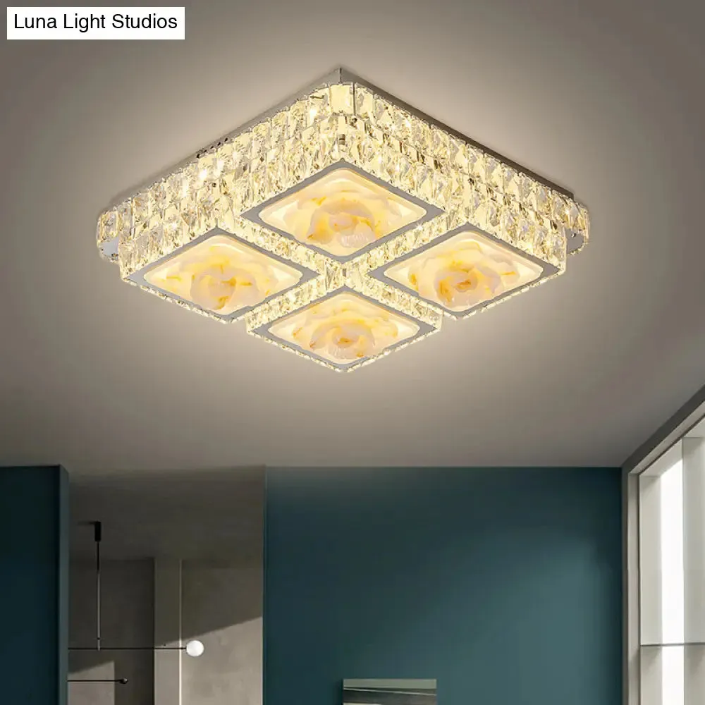 Here are a few options: 

1. "Minimalist LED Crystal Ceiling Light with Jade Lotus Design" 
2. "Chrome Flush Mount with Crystal Blocks & LED Square Lights" 
3. "Contemporary Crystal Flush Light with Jade Lotus Detail