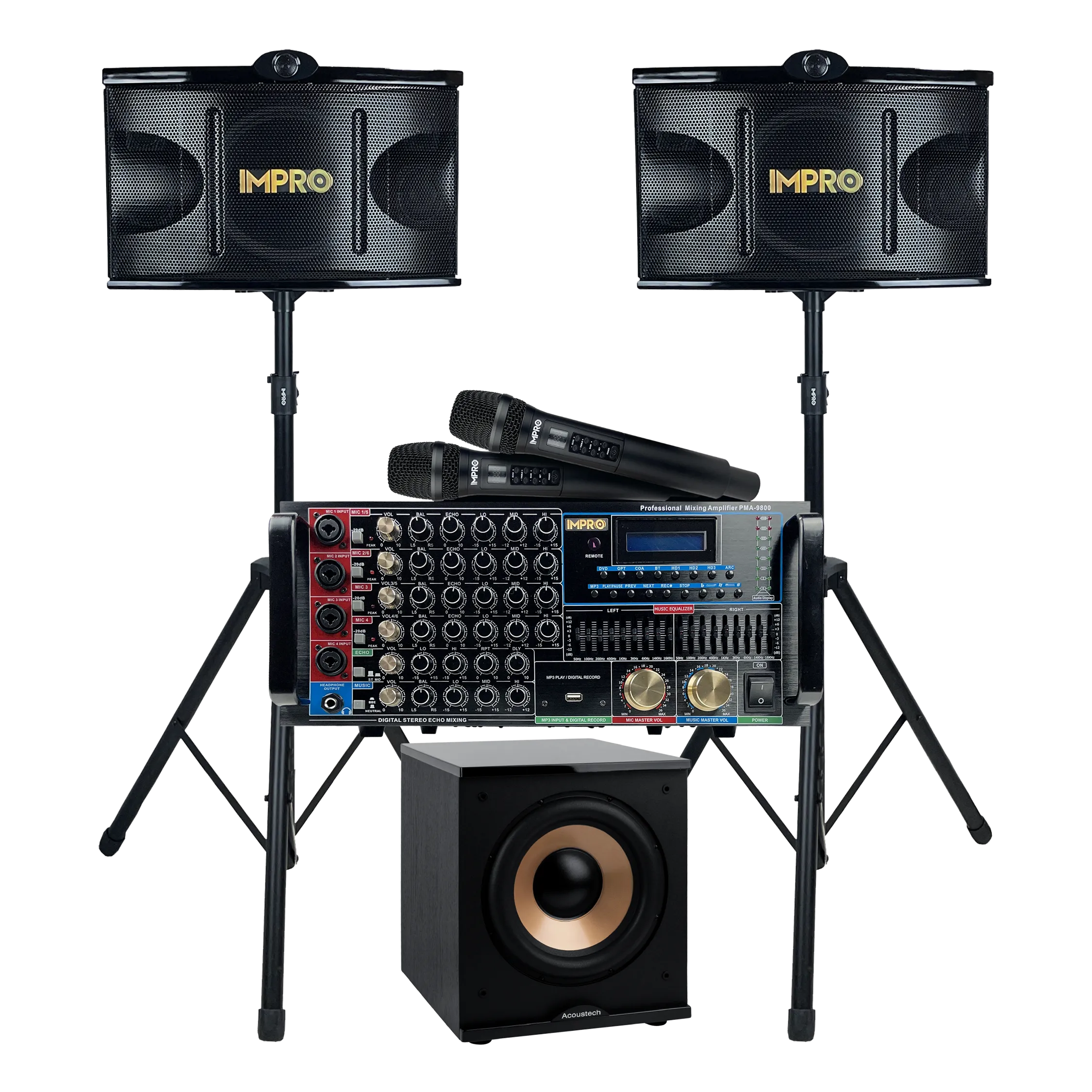 ImPro Epic Party Bundle 3 Plus with Mixing Amplifier, Speakers, Subwoofer, Microphones, and Accessories (6 Items)