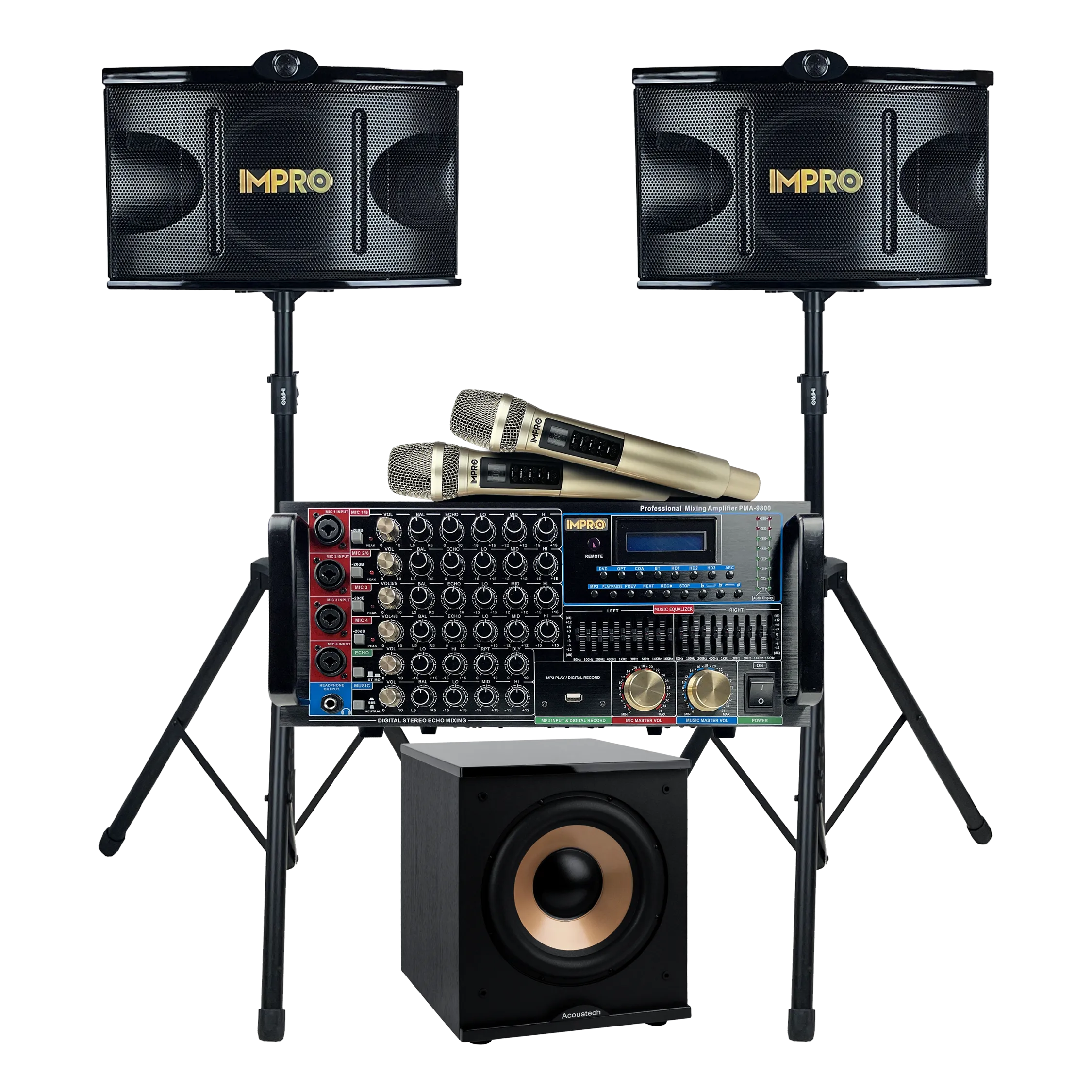 ImPro Epic Party Bundle 3 Plus with Mixing Amplifier, Speakers, Subwoofer, Microphones, and Accessories (6 Items)