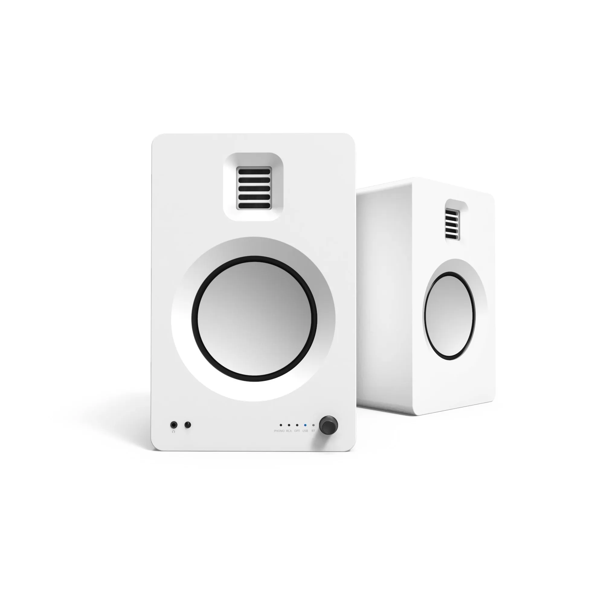 Kanto TUK 260W Powered Bookshelf Speakers with - Pair, Matte White with SP32PLW White Stand Bundle