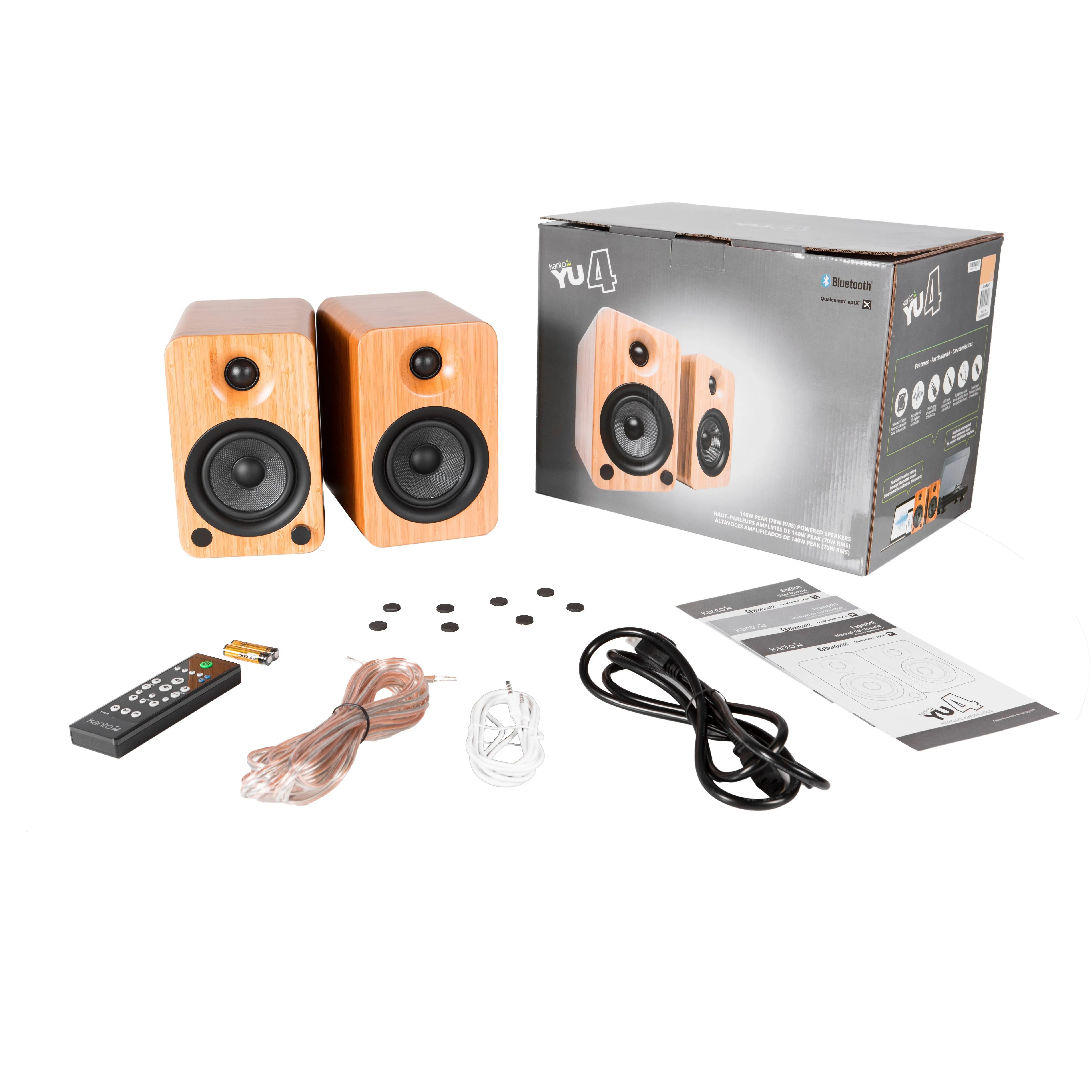Kanto YU4 140W Powered Bookshelf Speakers with Bluetooth and Phono Preamp - Pair, Bamboo with SP6HD Black Stand Bundle