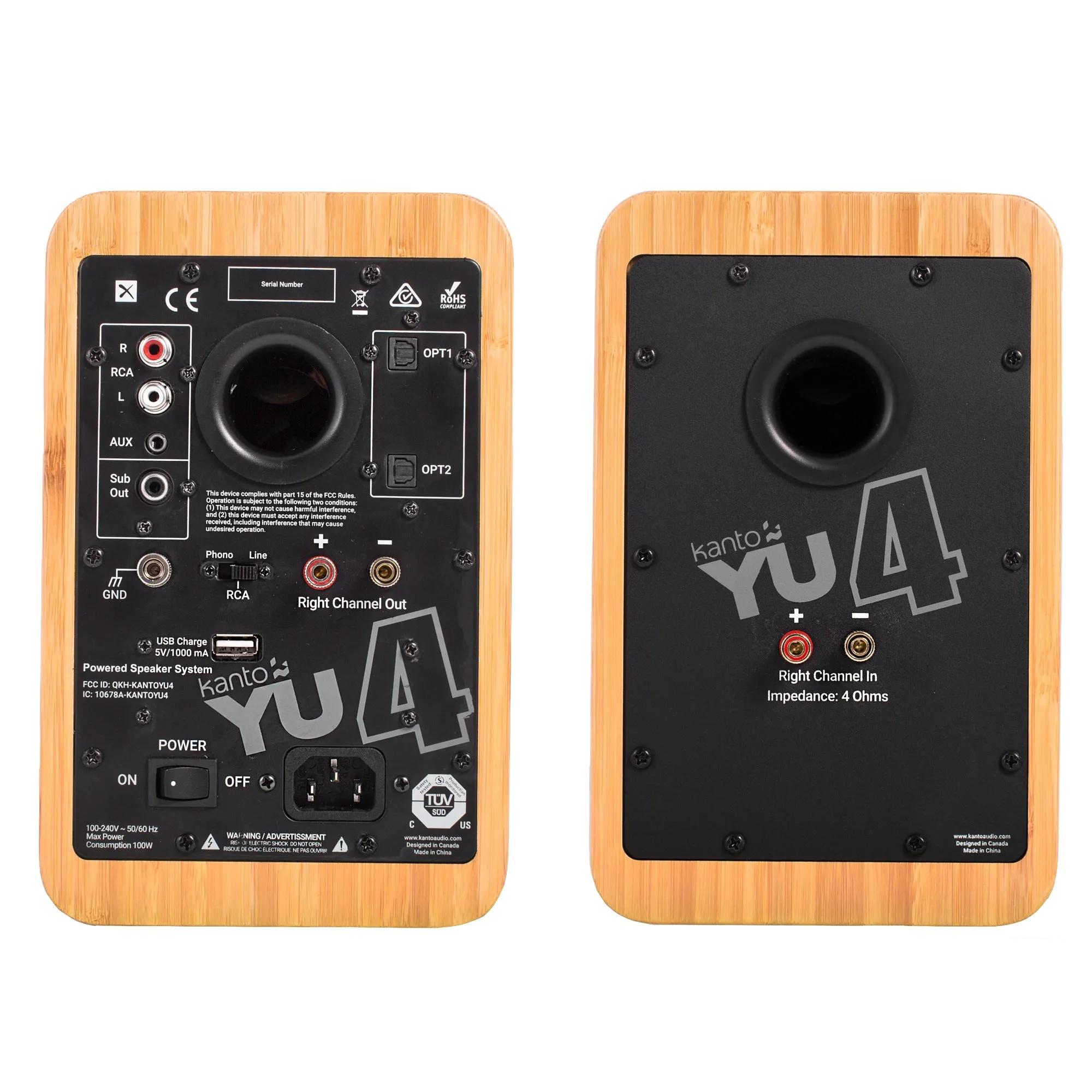 Kanto YU4 140W Powered Bookshelf Speakers with Bluetooth and Phono Preamp - Pair, Bamboo with SP6HD Black Stand Bundle