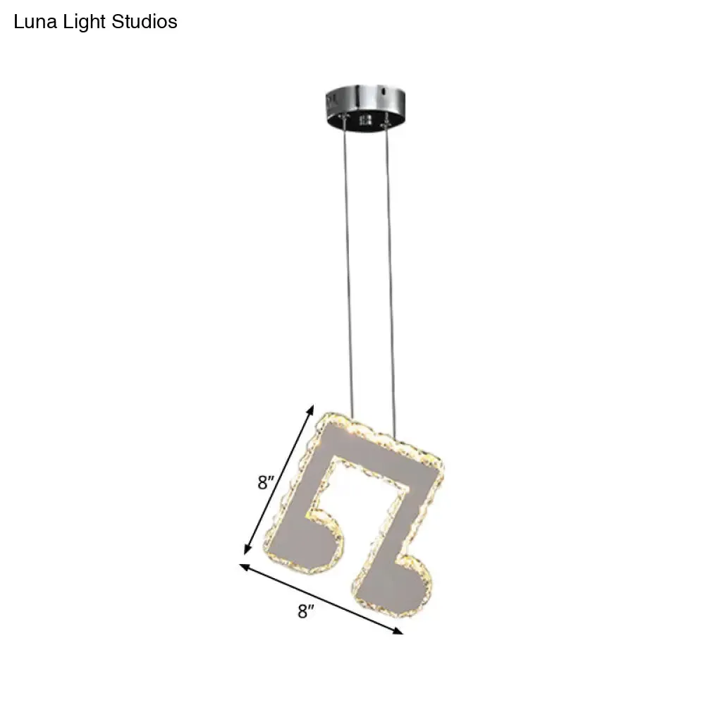 LED Music Note Pendant Light - Contemporary Stainless-Steel, Clear Cut Crystal, Mini Hanging Lamp