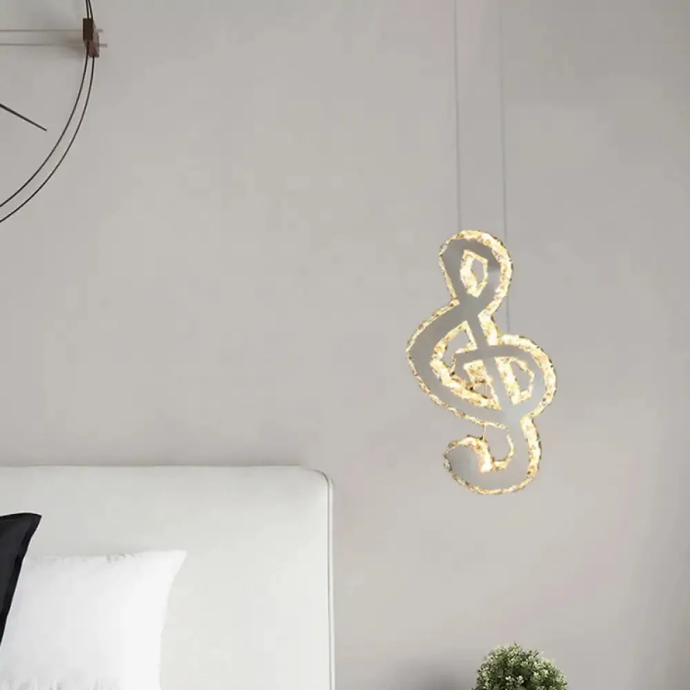 LED Music Note Pendant Light - Contemporary Stainless-Steel, Clear Cut Crystal, Mini Hanging Lamp