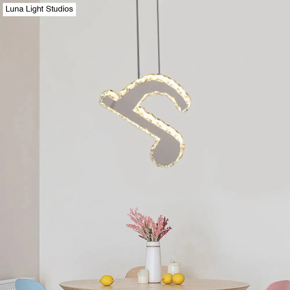 LED Music Note Pendant Light - Contemporary Stainless-Steel, Clear Cut Crystal, Mini Hanging Lamp