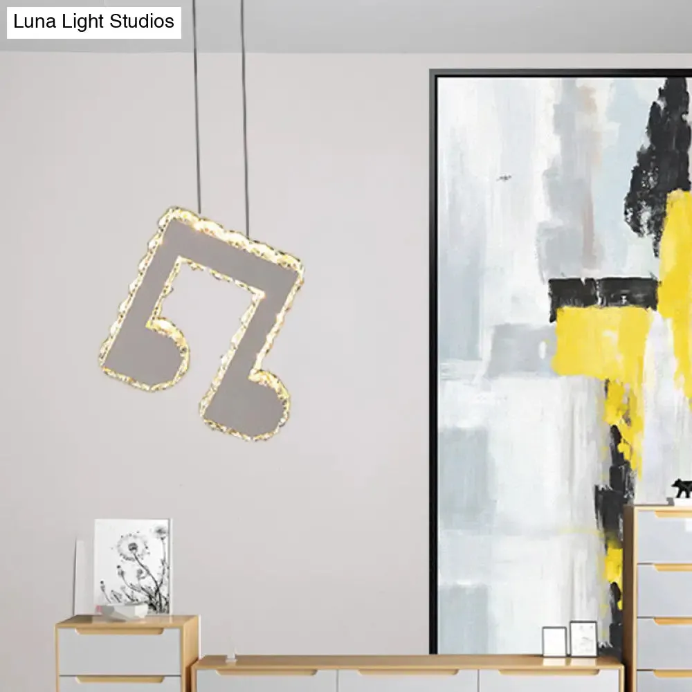 LED Music Note Pendant Light - Contemporary Stainless-Steel, Clear Cut Crystal, Mini Hanging Lamp