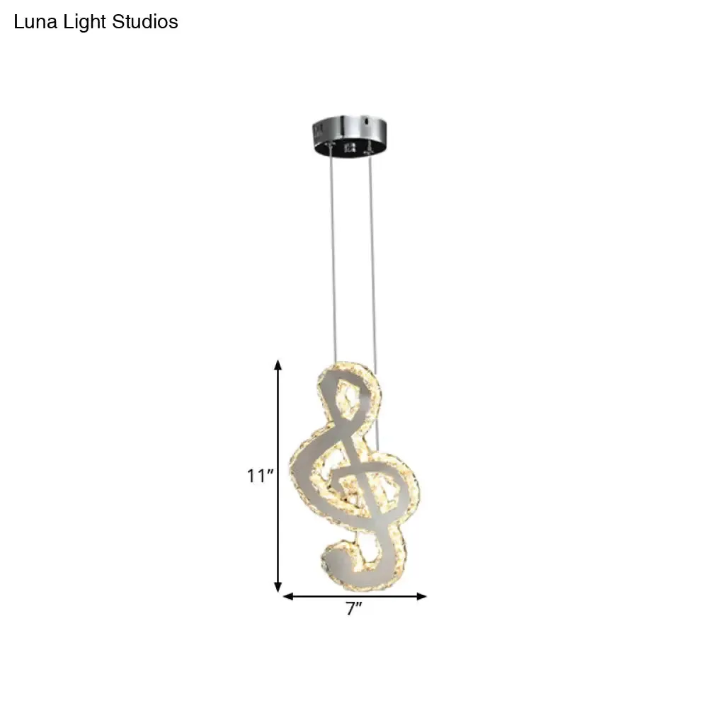 LED Music Note Pendant Light - Contemporary Stainless-Steel, Clear Cut Crystal, Mini Hanging Lamp