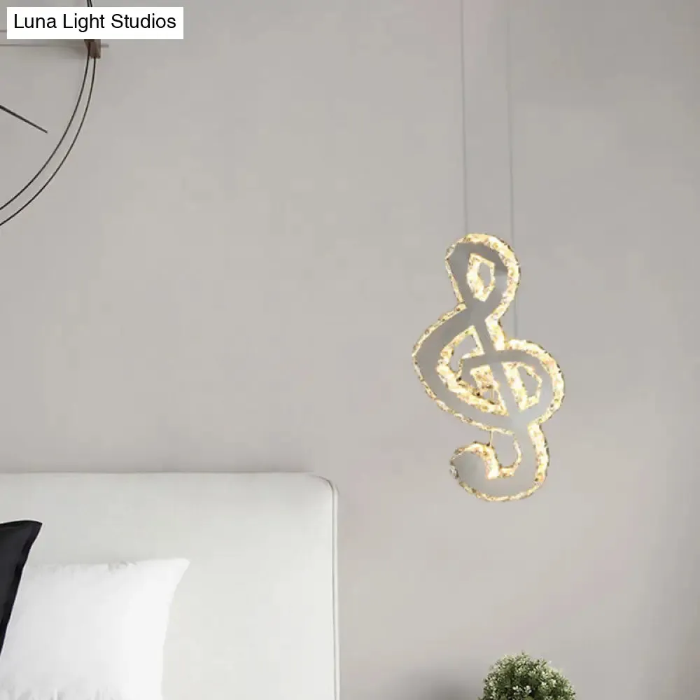 LED Music Note Pendant Light - Contemporary Stainless-Steel, Clear Cut Crystal, Mini Hanging Lamp