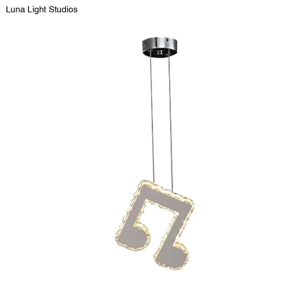 LED Music Note Pendant Light - Contemporary Stainless-Steel, Clear Cut Crystal, Mini Hanging Lamp