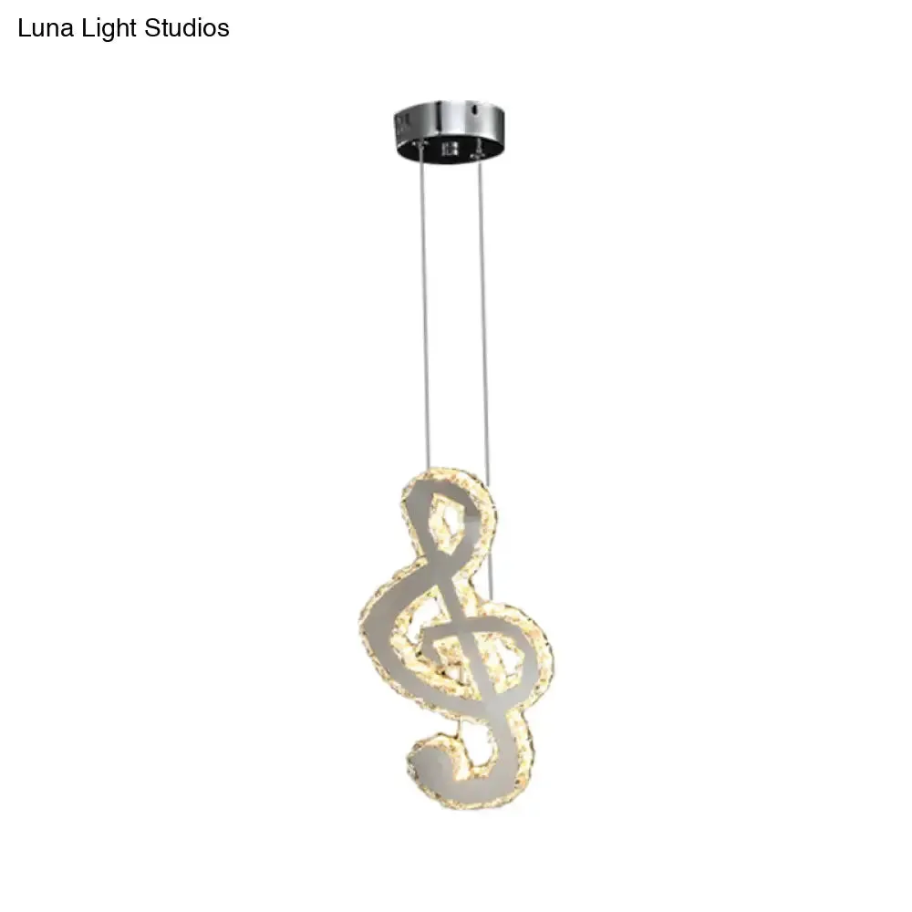 LED Music Note Pendant Light - Contemporary Stainless-Steel, Clear Cut Crystal, Mini Hanging Lamp