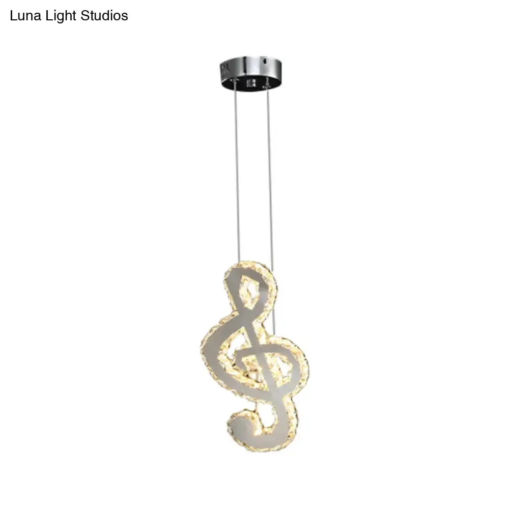 LED Music Note Pendant Light - Contemporary Stainless-Steel, Clear Cut Crystal, Mini Hanging Lamp