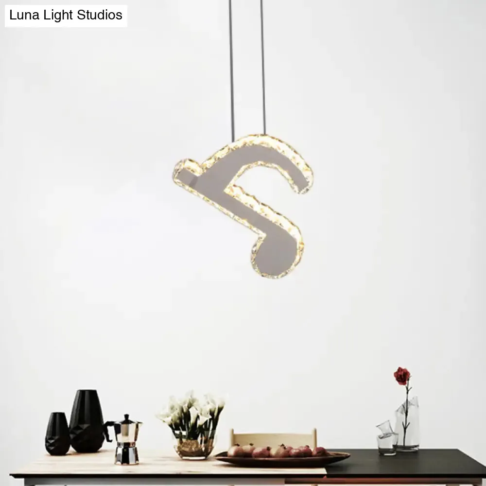 LED Music Note Pendant Light - Contemporary Stainless-Steel, Clear Cut Crystal, Mini Hanging Lamp
