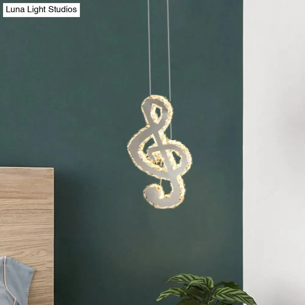 LED Music Note Pendant Light - Contemporary Stainless-Steel, Clear Cut Crystal, Mini Hanging Lamp