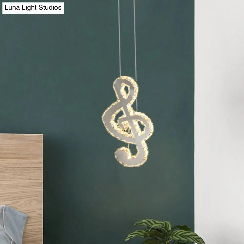 LED Music Note Pendant Light - Contemporary Stainless-Steel, Clear Cut Crystal, Mini Hanging Lamp