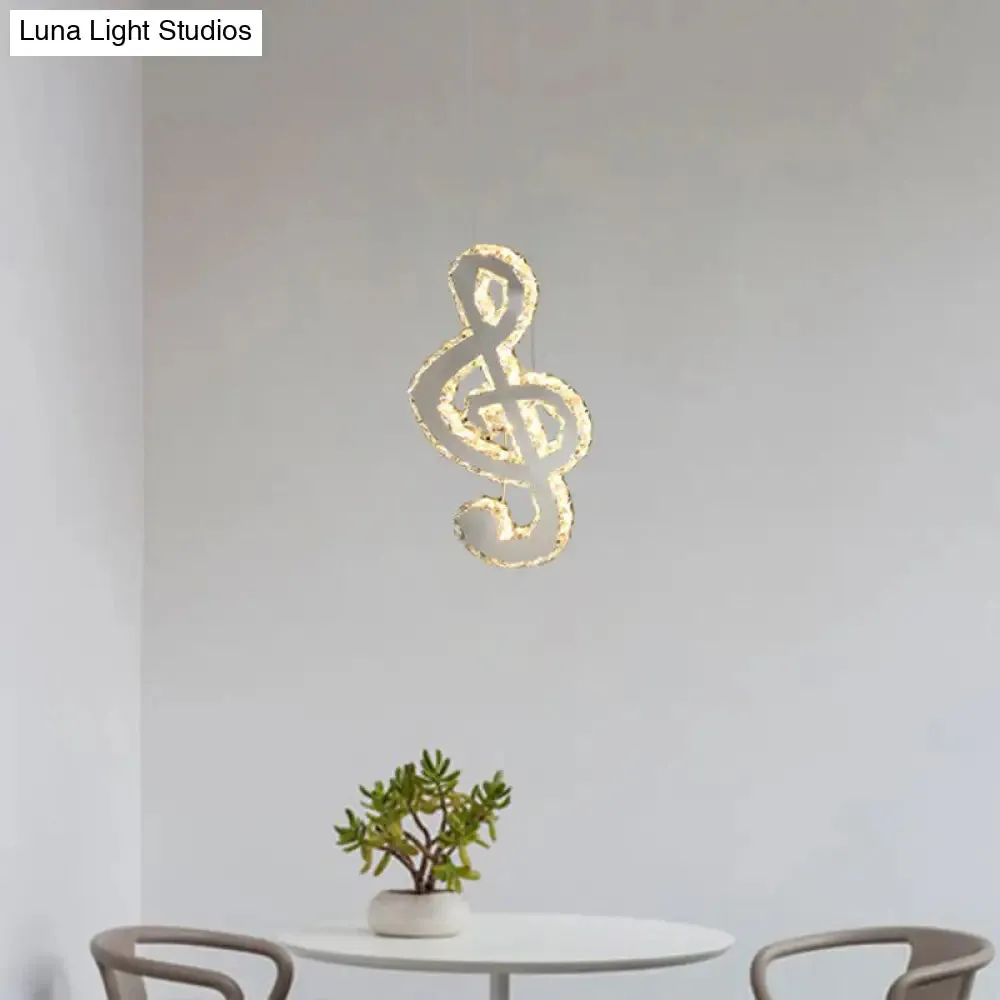 LED Music Note Pendant Light - Contemporary Stainless-Steel, Clear Cut Crystal, Mini Hanging Lamp