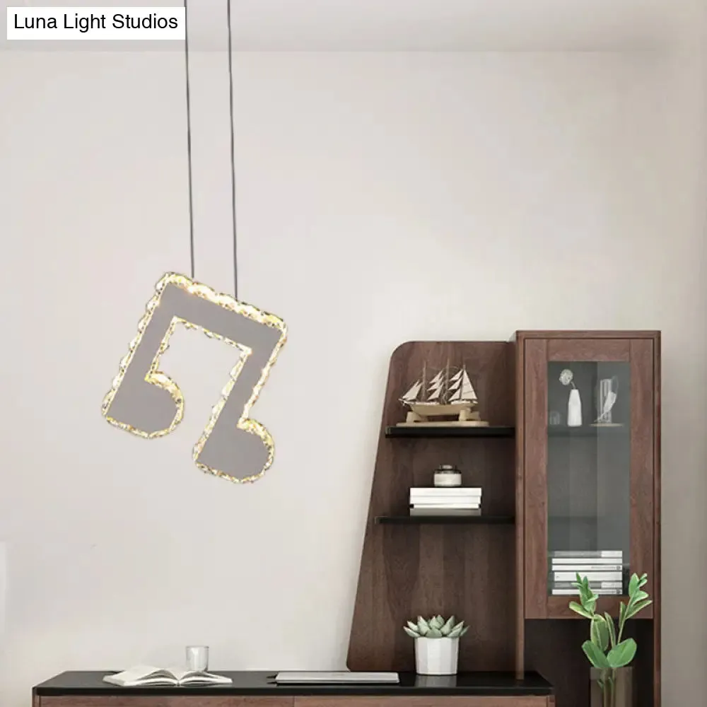 LED Music Note Pendant Light - Contemporary Stainless-Steel, Clear Cut Crystal, Mini Hanging Lamp