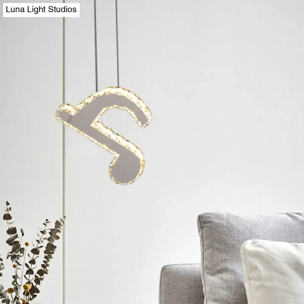LED Music Note Pendant Light - Contemporary Stainless-Steel, Clear Cut Crystal, Mini Hanging Lamp