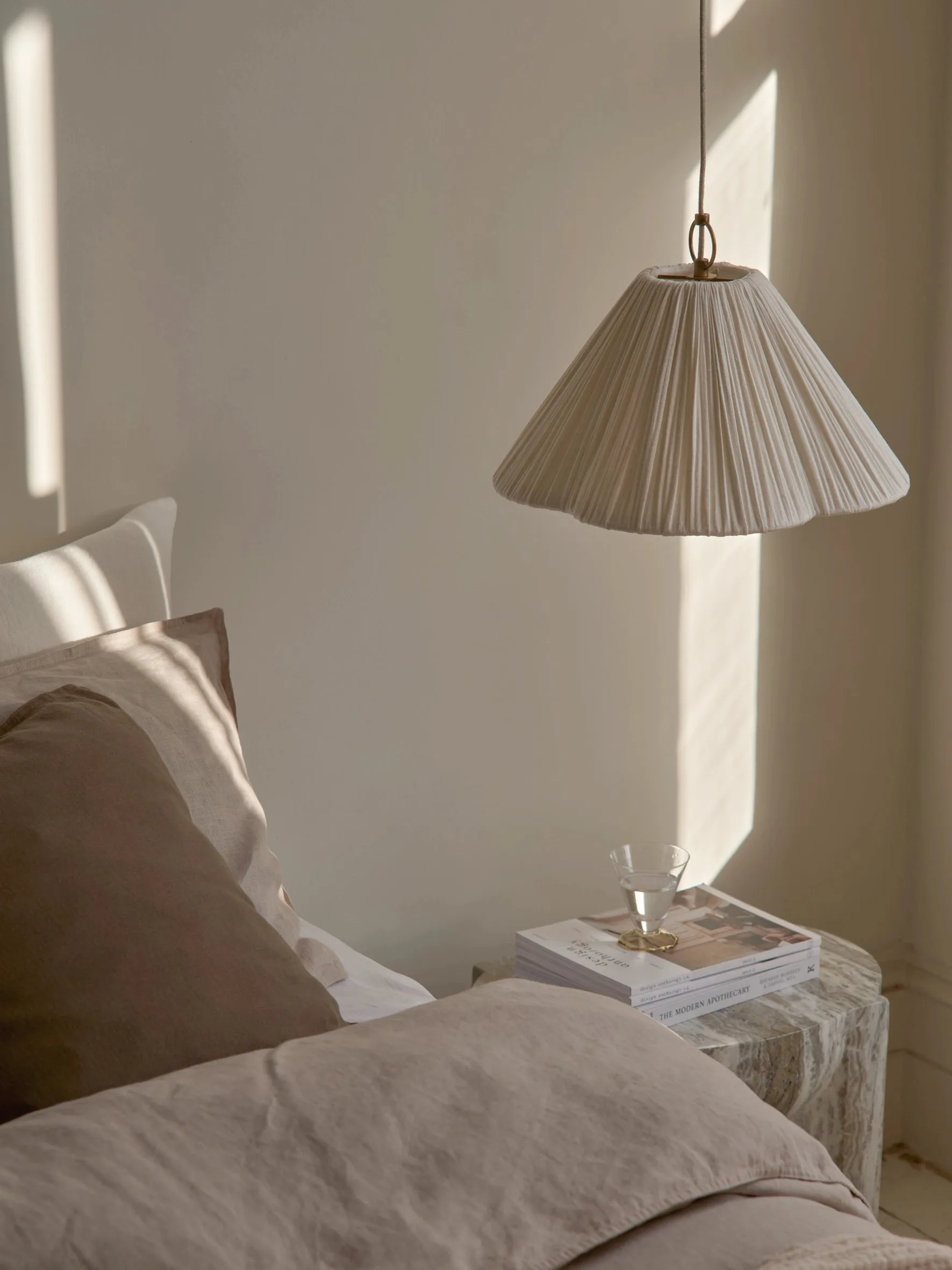 Lindi - small aged brass and linen scalloped pendant