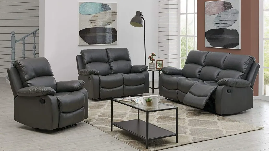 Manual Recliner Sofa Faux Leather Suite Charcoal Grey