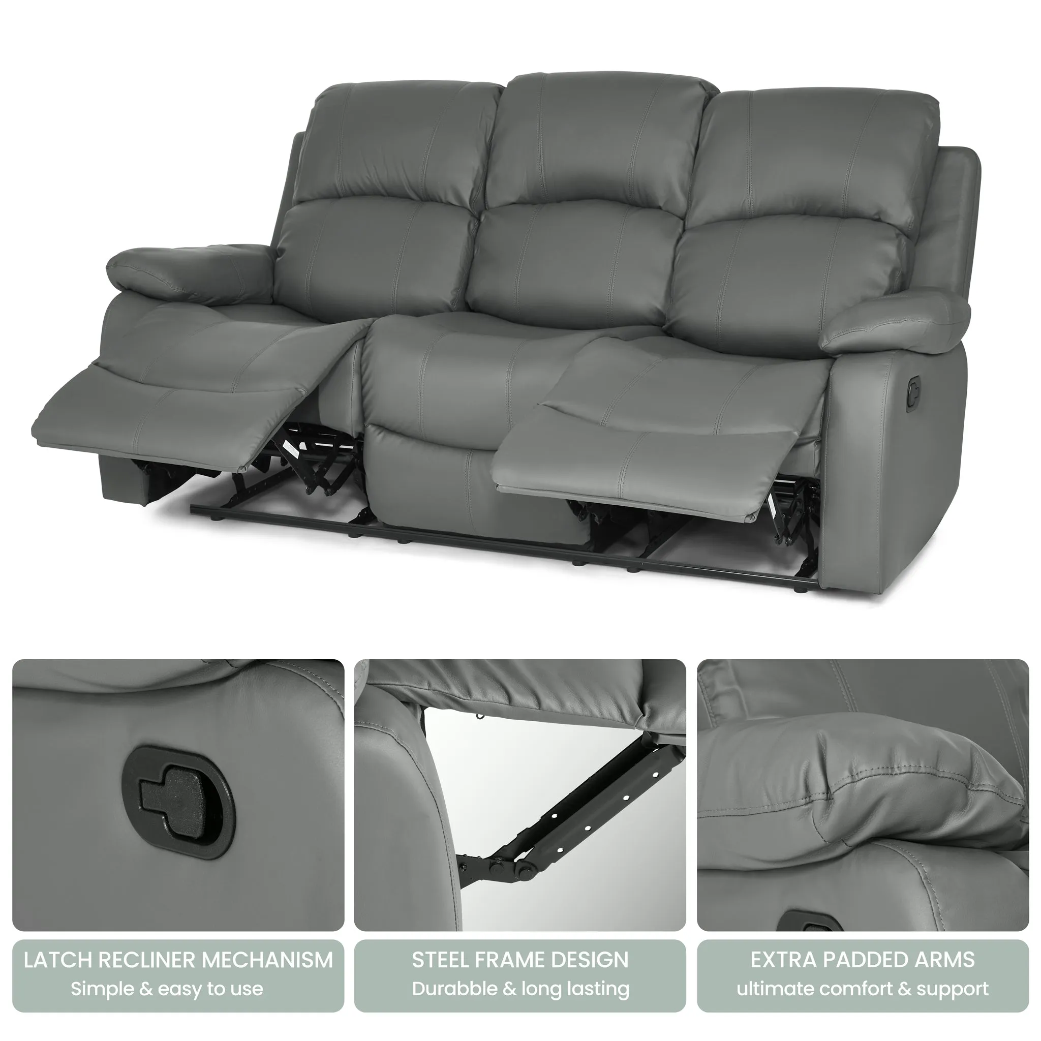 Manual Recliner Sofa Faux Leather Suite Charcoal Grey