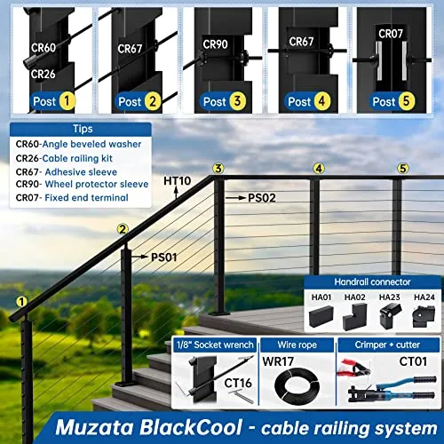 Muzata 2Pack 6'6" Handrail Stainless Steel for Cable Railing 60mmx30mm Rectangle Black Powder Coated Fit Muzata PT1 Flat Top Post Wood Metal Balustrade HT10 BP4 HR2