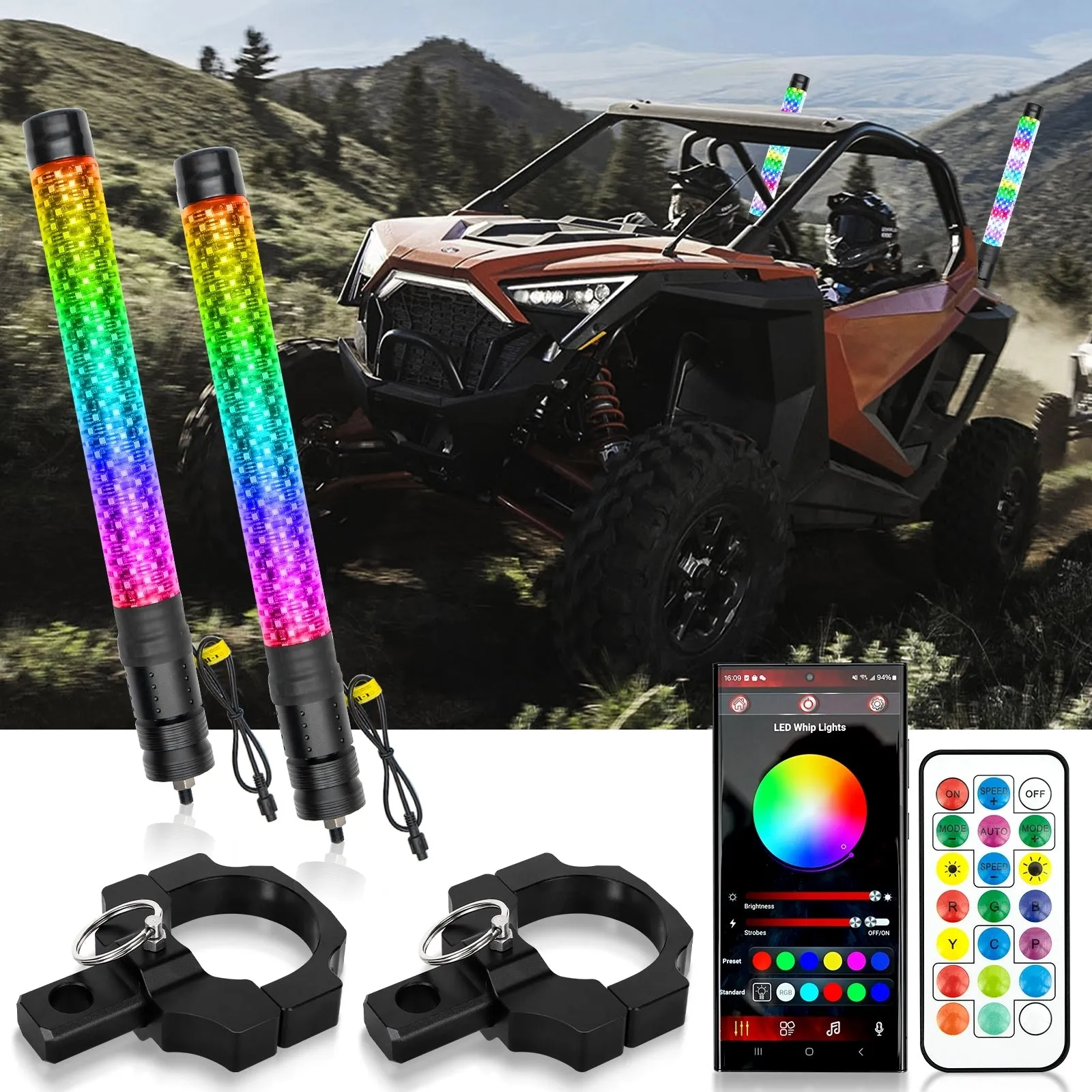 New 1.9FT LED RGB Whip Lights with Turn Signal & Brake Light, Bluetooth APP/ Remote Control